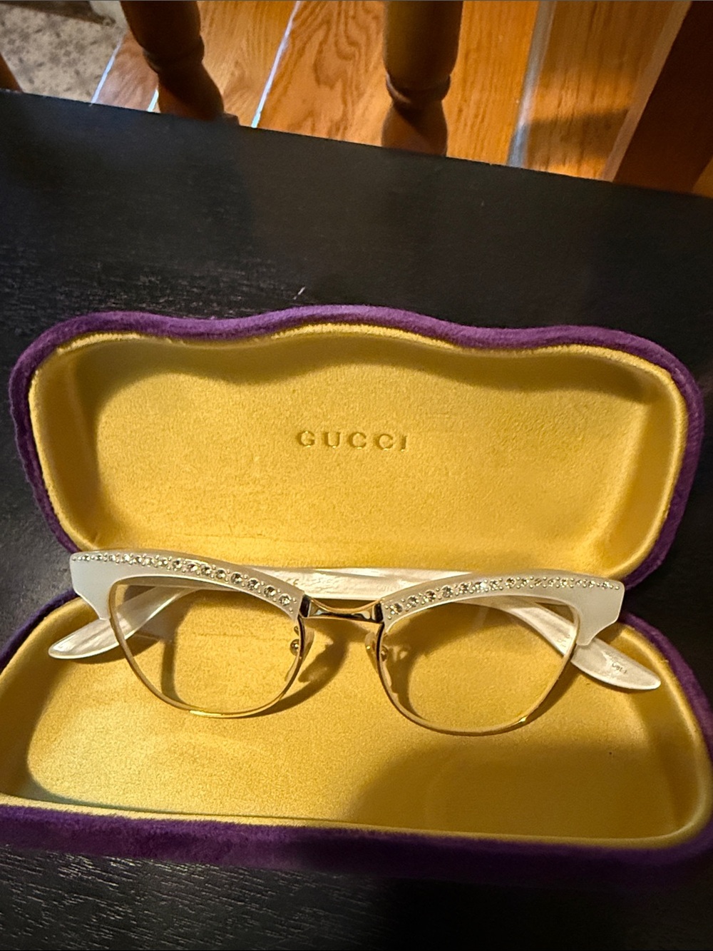 Gucci White Cat-Eye Glasses with Crystal Accents